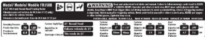 Porter-Cable FR350B - WARNING LABEL REPLACEMENT - 1