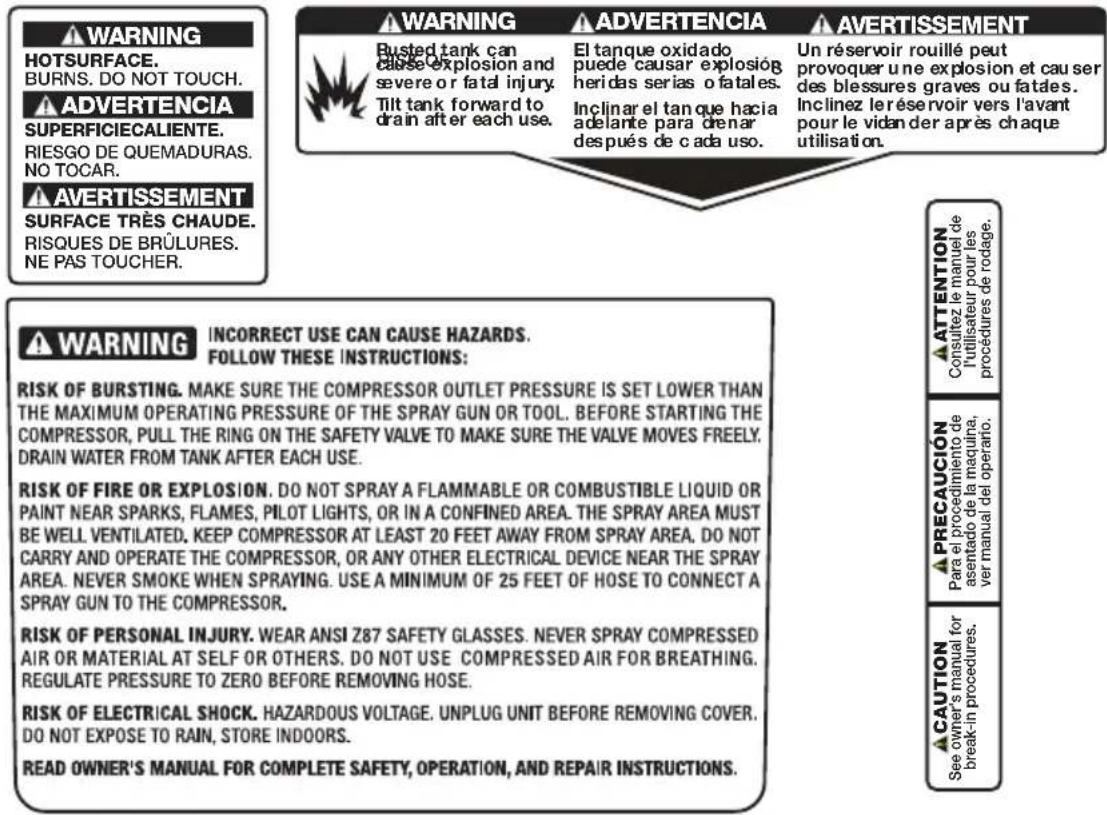 WARNING HOTSURFACE. BURNS. DO NOT TOUCH. ADVERTENCIA SUPERFICIECALIENTE. RIESGO DE QUEMADURAS. NO TOCAR. AVERTISSEMENT SURFACE TRÈS CHAUBE. RISQUES DE BRÛLURES. NE PAS TOUCHER. WARNING Busted tank can cause explosion and severe or fatal injury. Tilt tank forward to drain after each use. ADVERTENCIA…