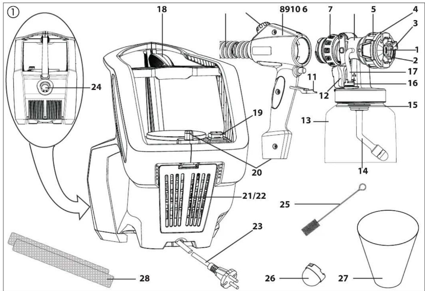 Technical diagram of a device with numbered parts, including internal components and exploded view