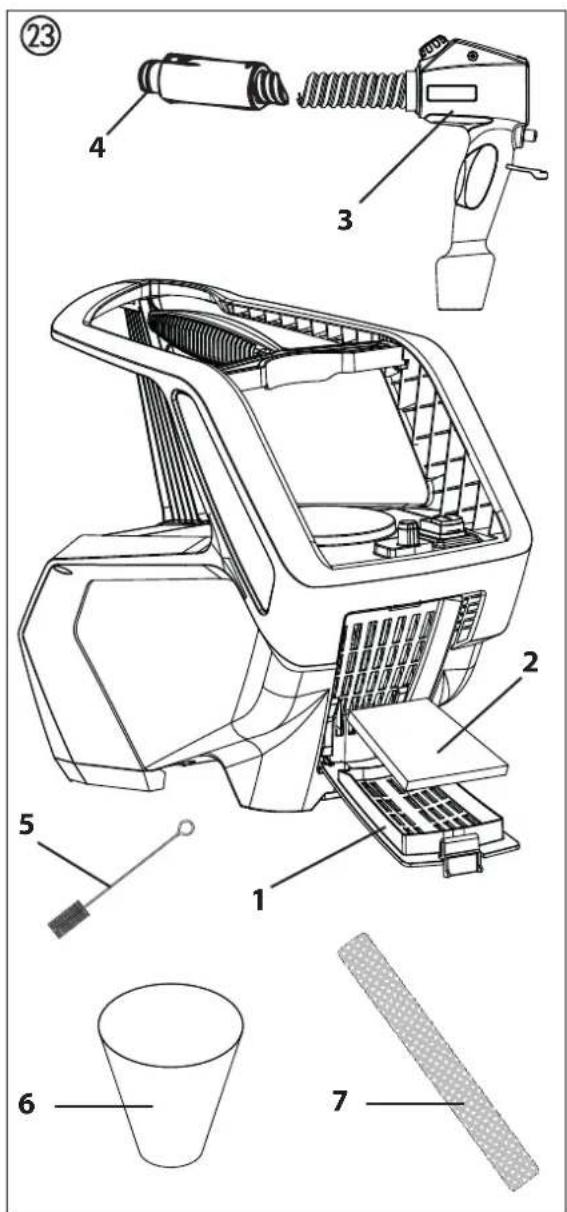 Technical diagram of a cleaning or cleaning device with numbered parts and exploded view