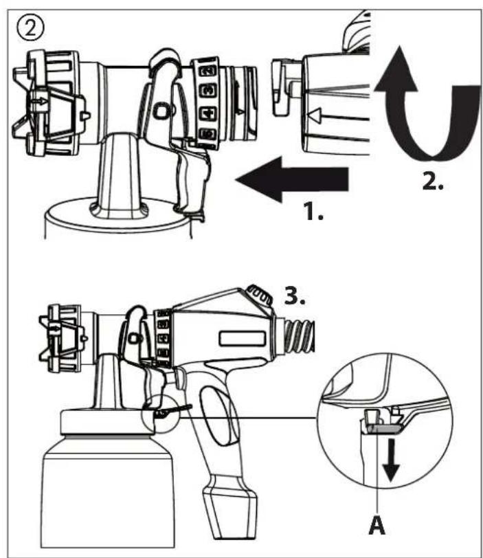 Technical diagram showing three-step assembly of a spray gun with labeled parts and directional arrows indicating motion.