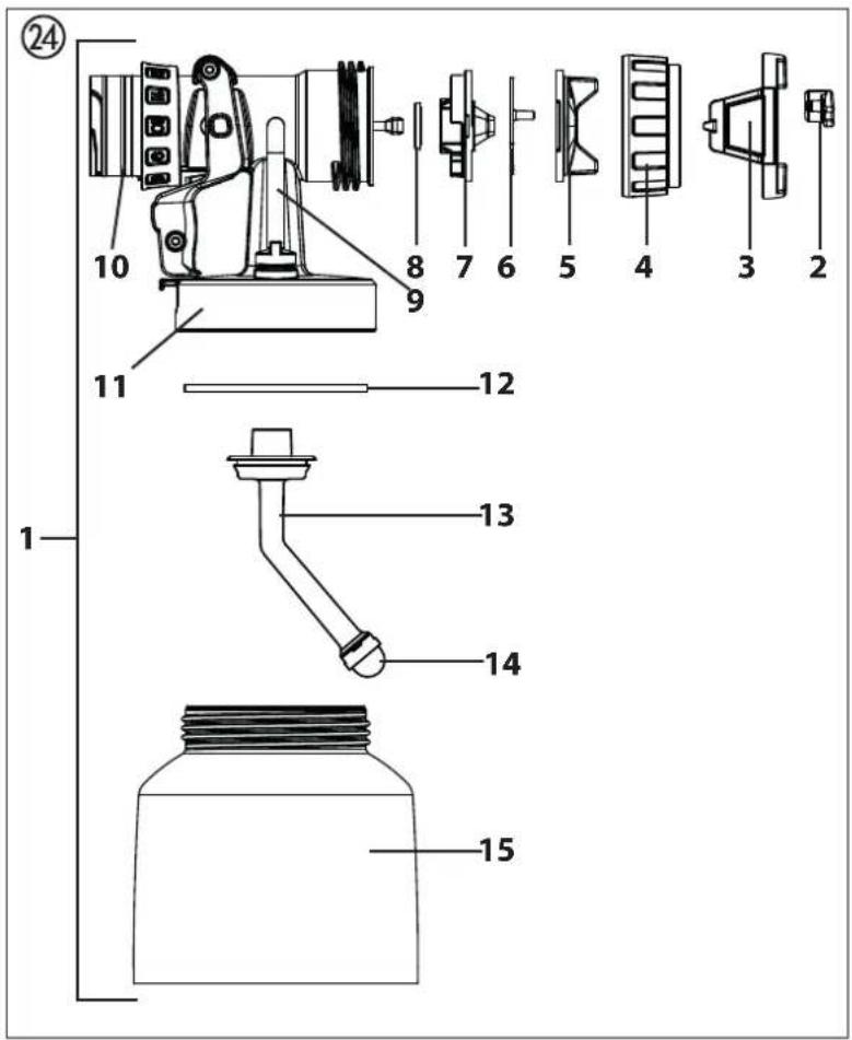 Technical diagram of a spray gun with numbered parts for identification