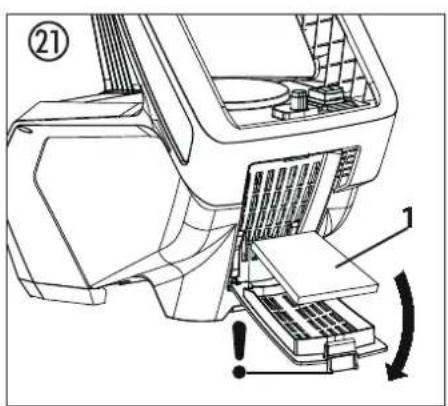 Technical diagram of a printer or printer with labeled parts and directional arrows indicating motion or assembly.