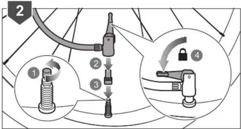 Diagram illustrating four steps of a mechanical assembly: press, lock, switch, and cable connection.