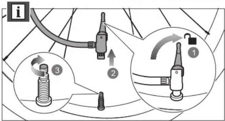Diagram illustrating mechanical assembly steps with numbered instructions for connecting and locking components