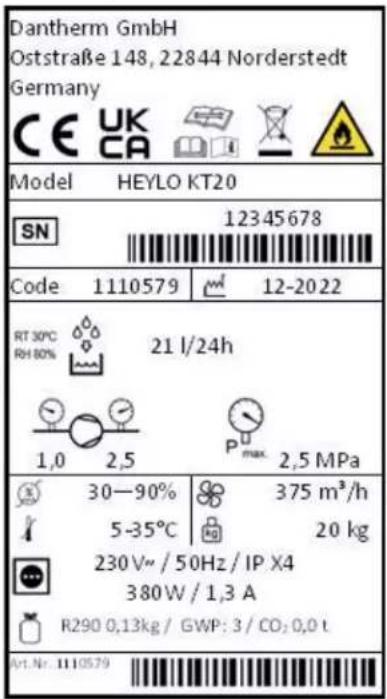 Dantherm GmbH Oststraße 148, 22844 Norderstedt Germany CE UK CA Model HEYLO KT20 SN 12345678 Code 1110579 12-2022 RT 30°C 21 l/24h RH 80% 1,0 2,5 P u max. 2,5 MPa 30—90% 375 m³/h 5-35°C 20 kg 230V~/50Hz/IP X4 380W/1,3 A R290 0,13kg / GWP: 3 / CO: 0,0 t Art.Nr. 1110579