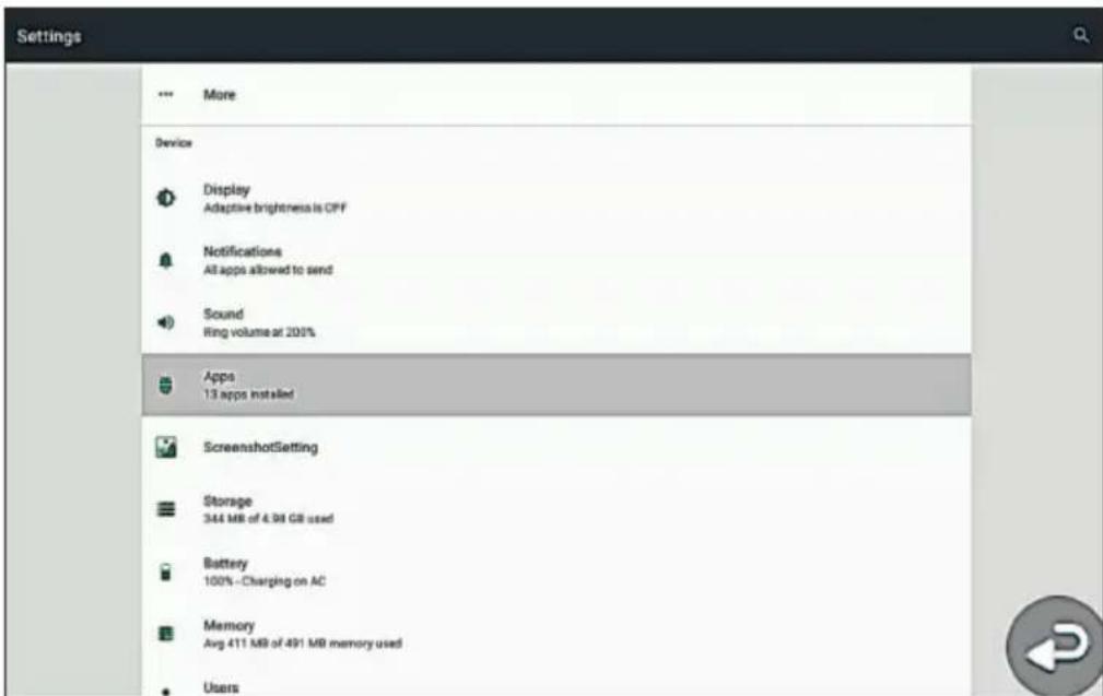 Settings More Device Display Adaptive brightness is CPF Notifications All apps allowed to send Sound Ring volume at 200% Apps 13 apps installed ScreenshotSetting Storage 344 MB of 6.98 GB used Battery 100% - Charging on AC Memory Avg 411 MB of 491 MB memory used Users
