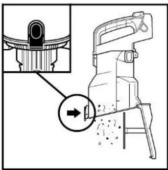 Technical diagram showing a mechanical device with an inset close-up of a component detail, highlighting a circular feature with arrows.