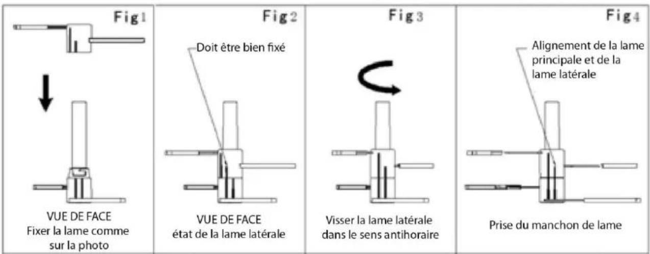 Fig1 ↓ VUE DE FACE Fixer la lame comme sur la photo Fig2 Doit être bien fixé VUE DE FACE état de la lame latérale Fig3 C Visser la lame latérale dans le sens antihoraire Fig4 Alignement de la lame principale et de la lame latérale Prise du manchon de lame