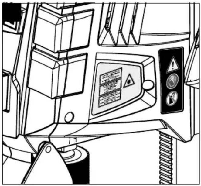 Technical diagram of a vehicle's control panel with warning labels and display screen