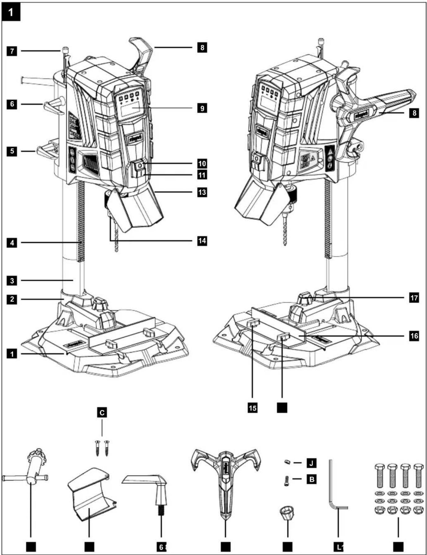 Technical diagram of a mechanical device with numbered parts and exploded view, including labeled parts 1 through 17.