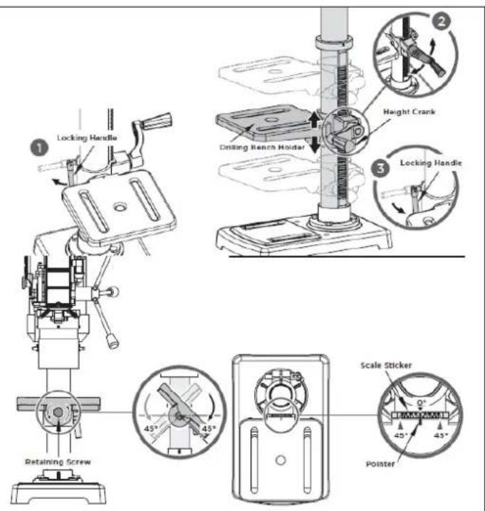 Zipper ZISTB16T - Bohrtisch einstellen (Höhe, Winkellage) - 1