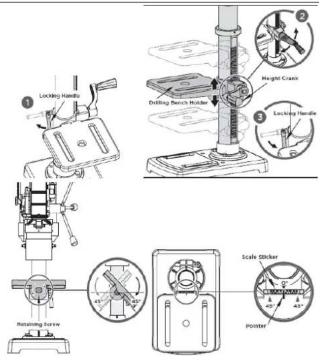 Zipper ZISTB16T - Nastavitev vrtalne mize (višina, naklon) - 1