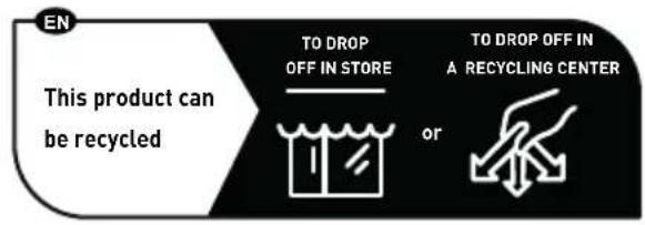 graph LR A["EN"] --> B["This product can be recycled"] B --> C["TO DROP OFF IN STORE"] C --> D["TO DROP OFF IN A RECYCLING CENTER"] D --> E["or"]