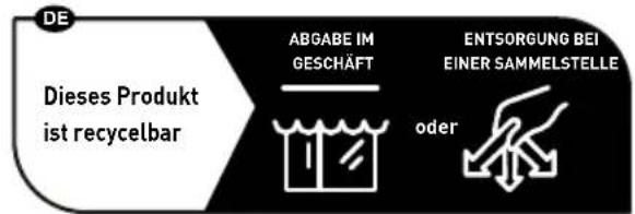 DE Dieses Produkt ist recyclebar ABGABE IM GESCHÄFT ENTSORGUNG BEI EINER SAMMELSTELLE oder