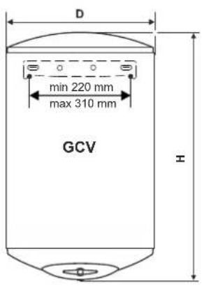 D min 220 mm max 310 mm GCV H