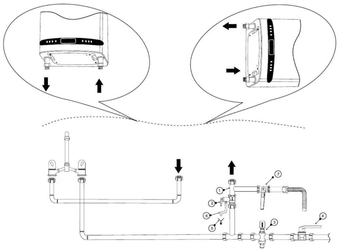 Technical diagram showing pipe installation and component assembly with numbered parts and directional arrows indicating flow or movement.