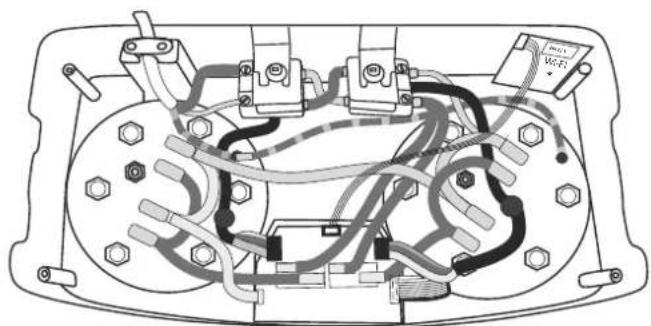 Technical diagram of an electrical or mechanical component with visible wiring and mounting holes (no text or symbols)