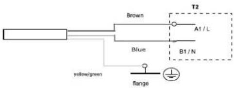 Brown T2 A1 / L Blue B1 / N yellow/green flange