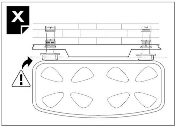Technical diagram showing a structural assembly with warning sign and warning triangle, including a warning symbol and X icon.