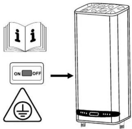 Diagram showing an open book with 'i i' and a warning sign with 'ON OFF' pointing to a battery.