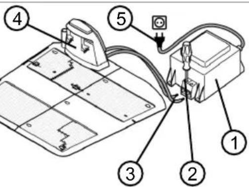 Diagram of a battery pack connection with numbered parts and labeled components
