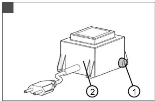 Technical diagram of a device with labeled parts, showing a plug and cable connection