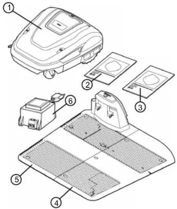 Exploded view diagram of a robotic vacuum cleaner with labeled parts including top, front, back, and interior compartments