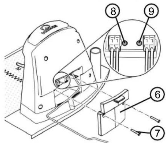 Technical diagram of a mechanical device with numbered components and labeled parts, including zoomed-in views for component 8.
