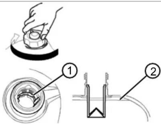 Technical diagram showing a hand operating a component with two labeled parts (① and ②) indicating different components.