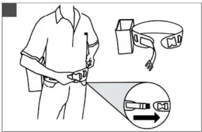 Diagram illustrating a person's belt and belt belt with a magnified inset showing the belt being pointed to reveal the right side of the belt.