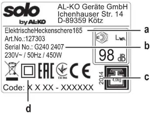 AL-KO Solo 166 - Placa de especificaciones técnicas - 1