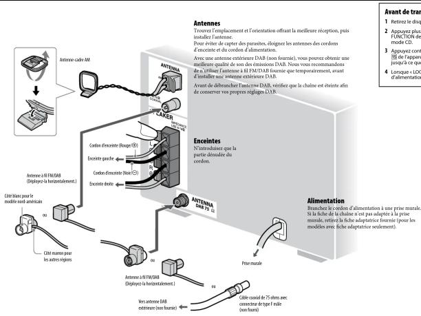 Antenne Touvres l'emplacement et l'orientation offrant la meilleure réception, puis installer l'antenne. Pour éviter de capter des parasites, édoignez les antennes des cordons d'enctine et du cordon d'alimentation. Avec une antenne extérieure DAB (non fournie), vous pouvez obtenir une meilleure qualité de son des émissions DAB. Nous vous recommandons de, offline l'antenne à il FM/DAB fournie que temporairement, avant d'installer une moyenne extérieure DAB. Avant de débrancher l'antenne DAB, vérifier que la chaîne est étrinite afin de conserver vos propres réglages DAB. Enceintes N'introduisé que la partie durinée du cordon. Cléte blanc pour le mobile nord-américain Cléte manno pour les autres regions Antenne L-III FM/DAB (Diployez la horizontalement.) Cléte blanc pour le mobile nord-américain Antenne L-III FM/DAB (Diployez la horizontalement.) Non-antenne DAB extérieure (non fournie) Antenna DAB 75 d Antenna L-III FM/DAB (Diployez la horizontalement.) Cléte blanc pour les autres regions Alimentation Branchez le cordon d'alimentation à une prise murale. Si la fiche de la chaîne n'est pas adaptée à la prise murale, rettée la fiche adaptatrice fournie (pour les modèles avec fiche adaptatice seulement). Cléte blanc pour les autres regions Avant de tran- 1 Retrez le diag 2 Approuez plusit 3 FUNCTION de mode CD 3 Approuez cont 4 DE l'appare jusqu'à ce qui 4 Lonque + LOC d'alimentation.