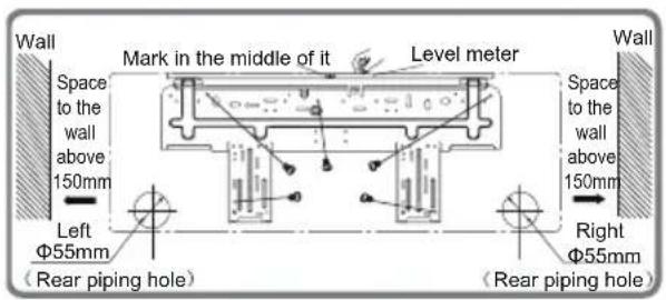 Wall Space to the wall above 150mm Left Φ55mm (Rear piping hole) Mark in the middle of it Level meter Wall Space to the wall above 150mm Right Φ55mm (Rear piping hole)