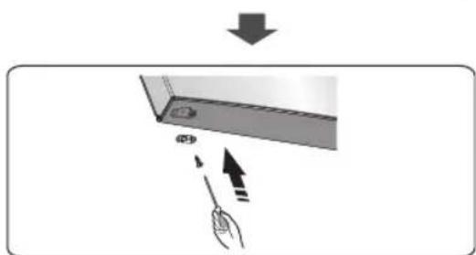 Diagram showing a hand holding a pen with an arrow pointing to a device component, indicating a process or operation.