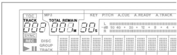 TOC TRACK 000 MP3 TOTAL REMAIN 30s SYNC REC DISC GROUP TRACK KEY PITCH A.CUE A.READY A.TRACK L -dB 5D 40 * 20 * 12 * 8 * 4 * R