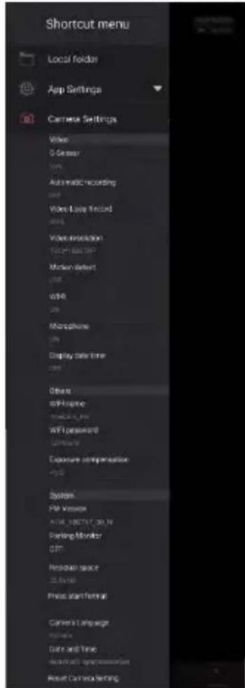 Shortcut menu Local folder App Settings Camera Settings Video G-Sensor Audio Automatic recording Audio Video Log Record Audio Video reslocation Video Link Motion detect Audio WTR Audio Macphone Audio Display time Audio Other wP frame Image1.psd wP keyboard Audio Exposure compensation Audio System FM Version ATM 3007C 28.0 N Damping Monitor GTC Residual space 3x4x50 Print start format Camera Language Radio Date and Time AutoCAD synchronization Reset Camera Setting