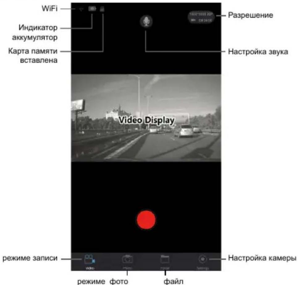 WiFi Индикатор аккумулятор Карта памяти вставлена Разрешение Настройка звука Video Display режиме записи режиме фото файл Настройка камеры