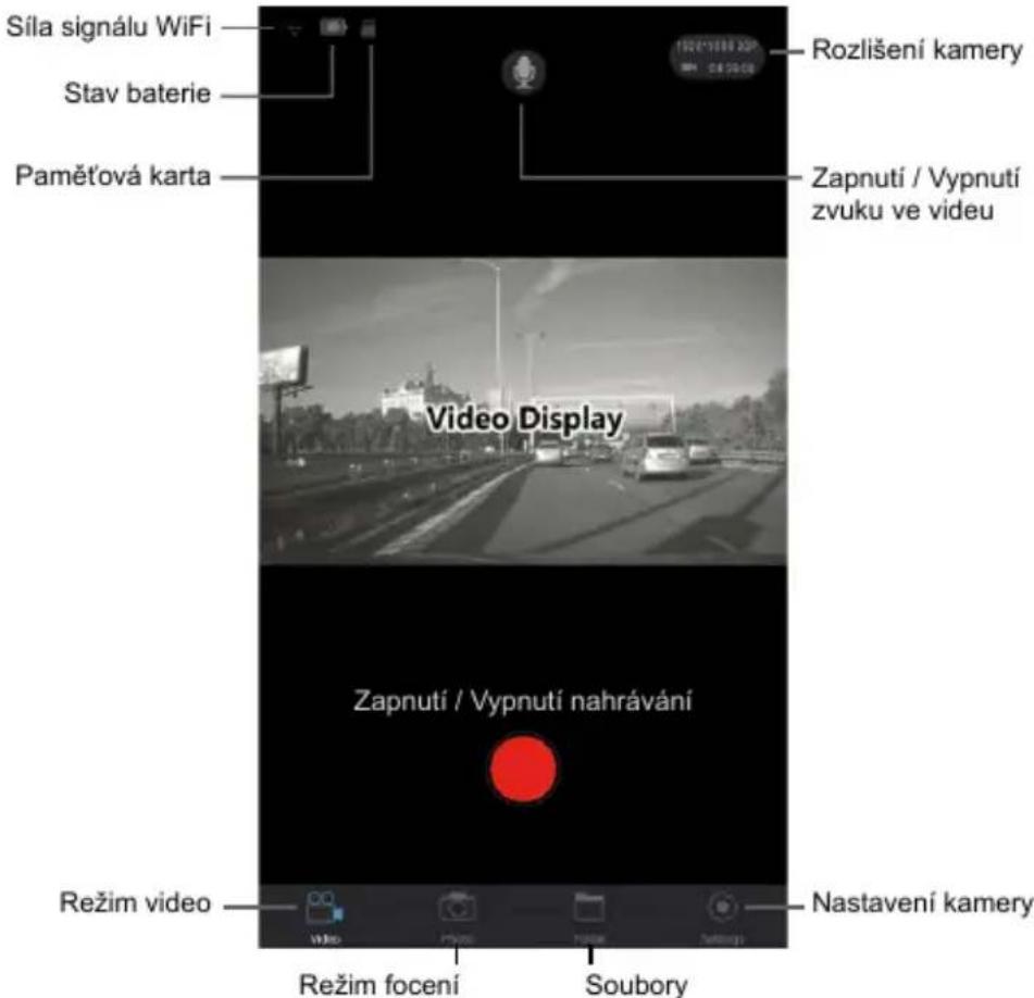 Sila signálu WiFi Stav baterie Paměťová karta Rozlišení kamery Zapnutí / Vypnutí zvuku ve videu Video Display Zapnutí / Vypnutí nahrávání Režim video Nastavení kamery Režim focení Soubory