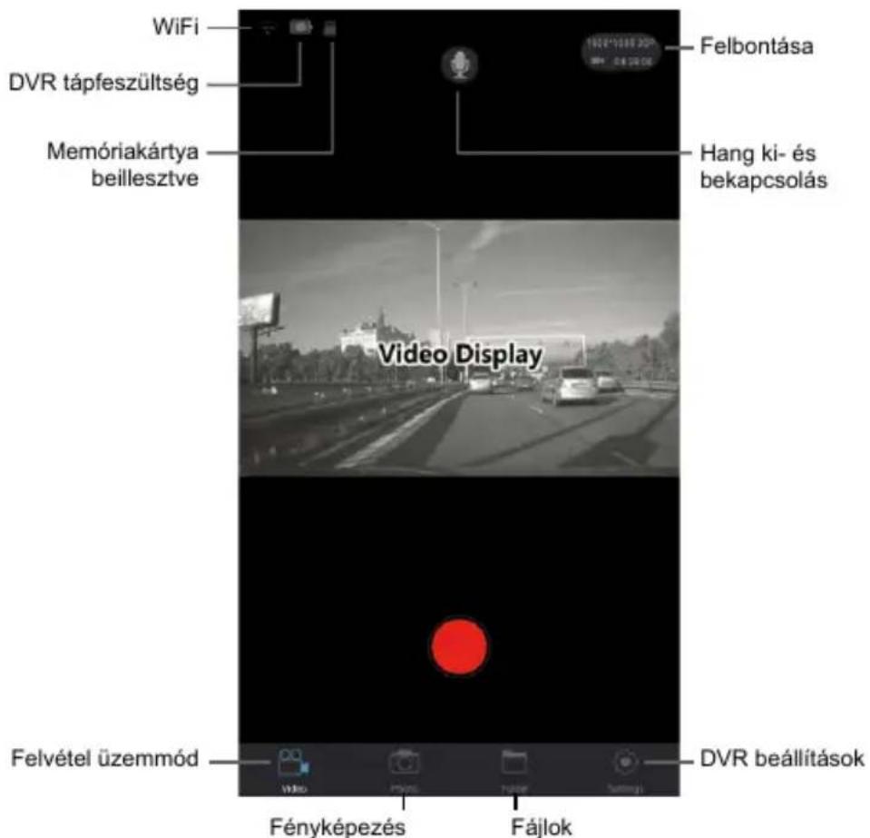 WiFi DVR tápfeszültség Memóriakártya beillesztve Felbontása Hang ki- és bekapcsolás Video Display Felvétel üzemmód Fényképezés Fájlok DVR beállítások