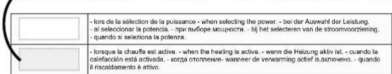 - lors de la sélection de la puissance - when selecting the power. - bei der Auswahl der Leistung. - ai seleccionar la potencia. - при выборе мощности. - bij het selecteren van de stroomvoorziening. - quando si seleziona la potenza. - lorsque la chauffe est active. - when the heating is active. - wenn die Heizung aktiv ist. - cuando la calefacción está activada. - когда отопление- wanneer de verwarming actief is. akлючено. - quando il riscaldamento è attivo.