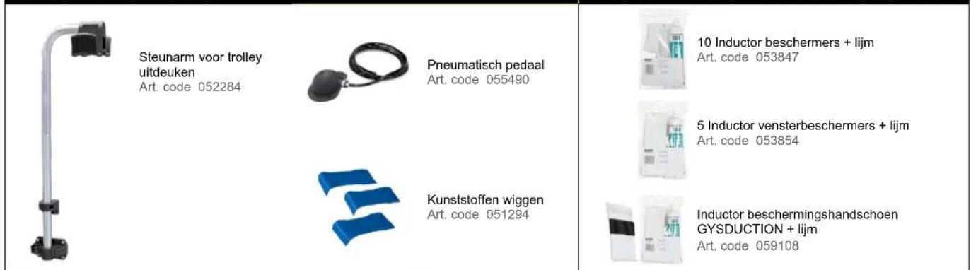 Steunarm voor trolley uitdeuken Art. code 052284 Pneumatisch pedaal Art. code 055490 10 Inductor beschermers + lijm Art. code 053847 5 Inductor vensterbeschermers + lijm Art. code 053854 Kunststoffen wiggen Art. code 051294 Inductor beschermingshandschoen GYSDUCTION + lijm Art. code 059108