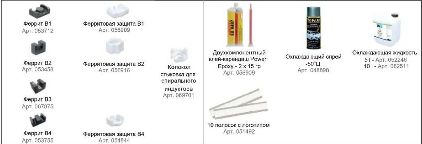 Феррит В1 Арт. 053712 Феррит В2 Арт. 053458 Феррит В3 Арт. 067875 Феррит В4 Арт. 053755 Ферритовая защита В1 Арт. 056909 Ферритовая защита В2 Арт. 056916 Колокол стыкова для спирального индуктора Арт. 069701 Ферритовая защита В4 Арт. 054844 Двухкомпонентный клей-карандаш Power Ероху - 2 x 15 гр Арт. 056909 Охлаждающий спрей -50°Ц Арт. 048898 Охлаждающая жидкость 5 l - Арт. 052246 10 l - Арт. 062511 10 полосок с логотипом Арт. 051492