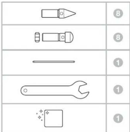 Diagram showing five types of wrench tool illustrations with numbered labels (8, 1, 1, 1) for identification.