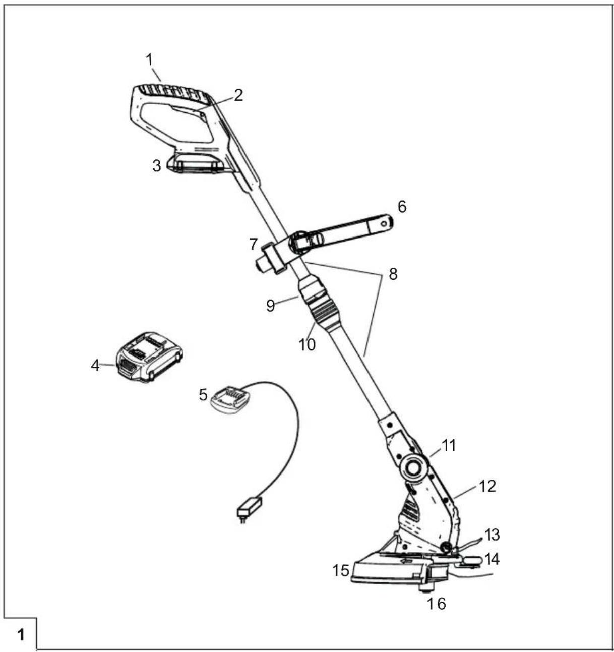 Technical diagram of a handheld device with numbered components, including a cable and accessories.