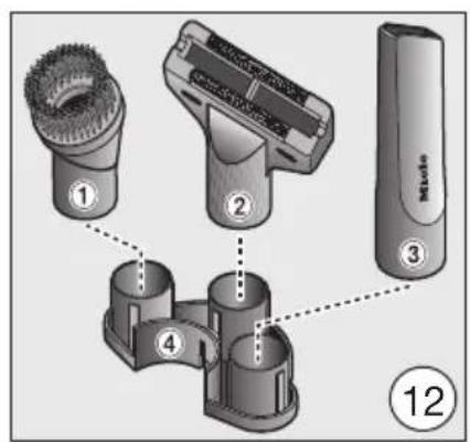 Diagram showing four labeled parts of a hairdryer device, including brush, bulb, and clip with numbered annotations.