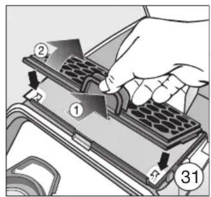 Diagram showing a hand using a device to adjust or install a grid, with numbered annotations indicating steps 1, 2, and 31.