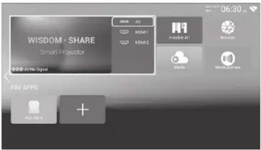 WISDOM · SHARE Smart Projector AV No Signal Auto Now + 06:30