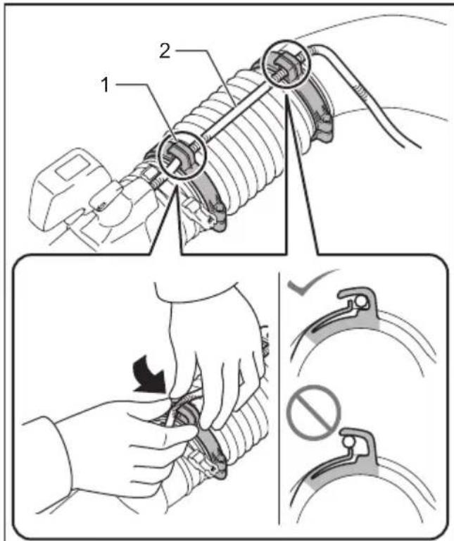 Technical diagram illustrating a mechanical assembly with labeled parts and a warning symbol for disassembly or repair.