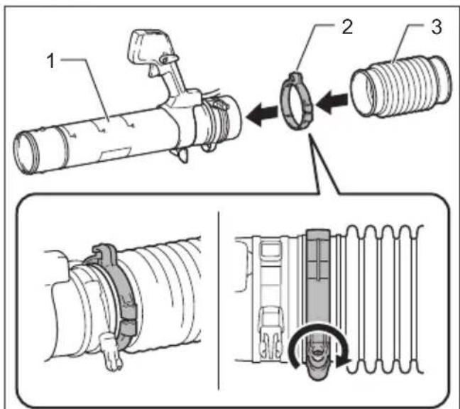 Technical diagram showing mechanical assembly steps with labeled components and a magnified view of the internal structure.